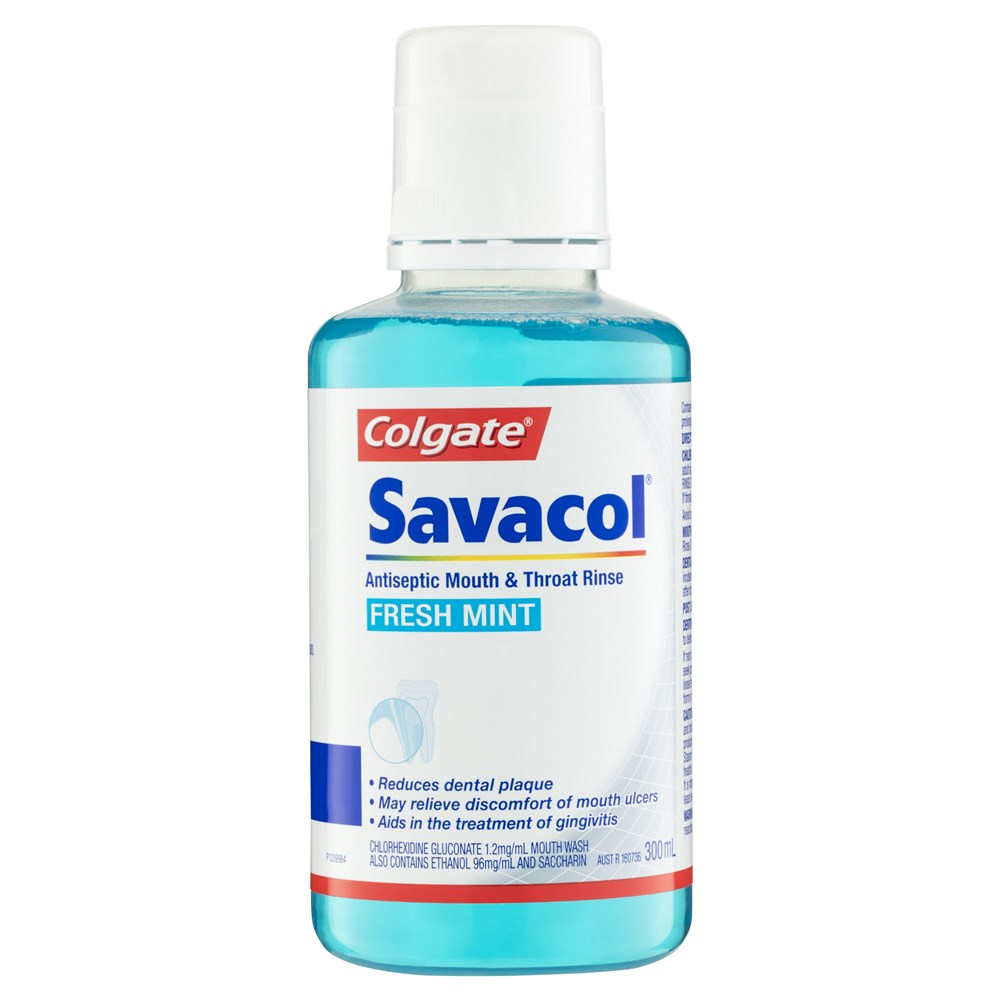 CG1224452 Savacol Chlorhexidine Mouthrinse Blue 300ml pkt 4 Henry